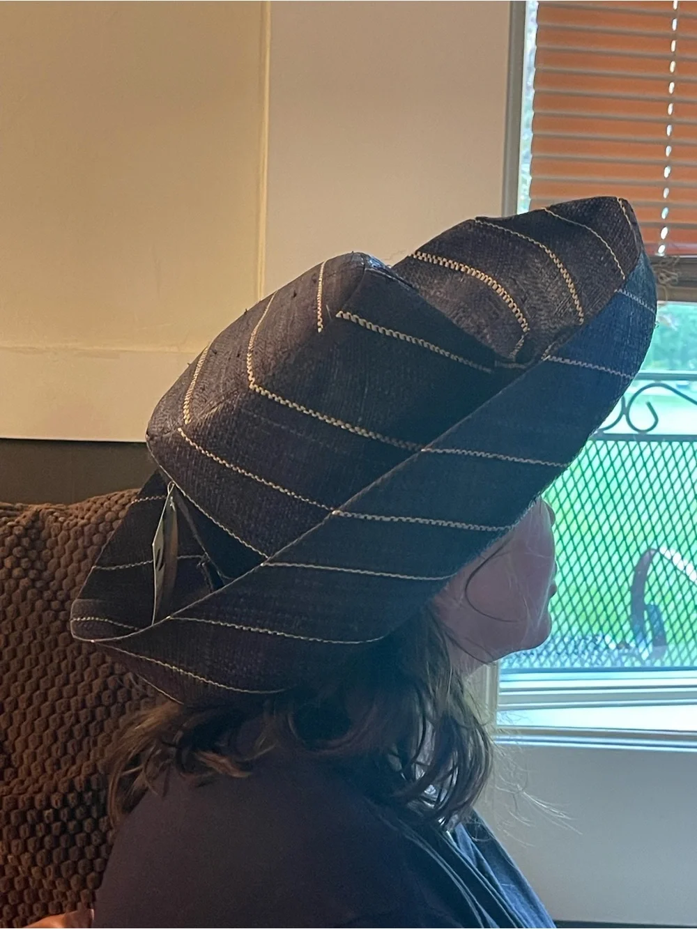 Women's Black Straw Fedora with Tan Pinstripe Detail